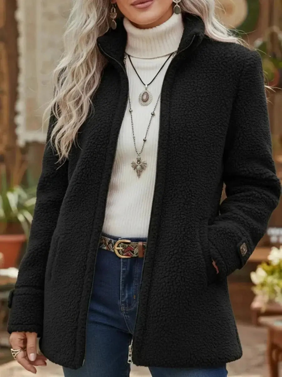 Stylish women's stand collar teddy coat. Cozy zip-up fleece jacket for chic winter fashion & comfortable cold weather.