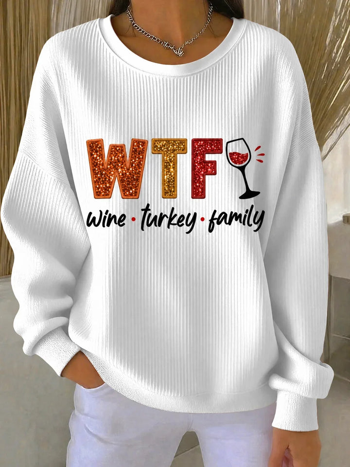 Casual women's long-sleeve Thanksgiving graphic tee with crew neck, ideal for autumn apparel & festive comfort.