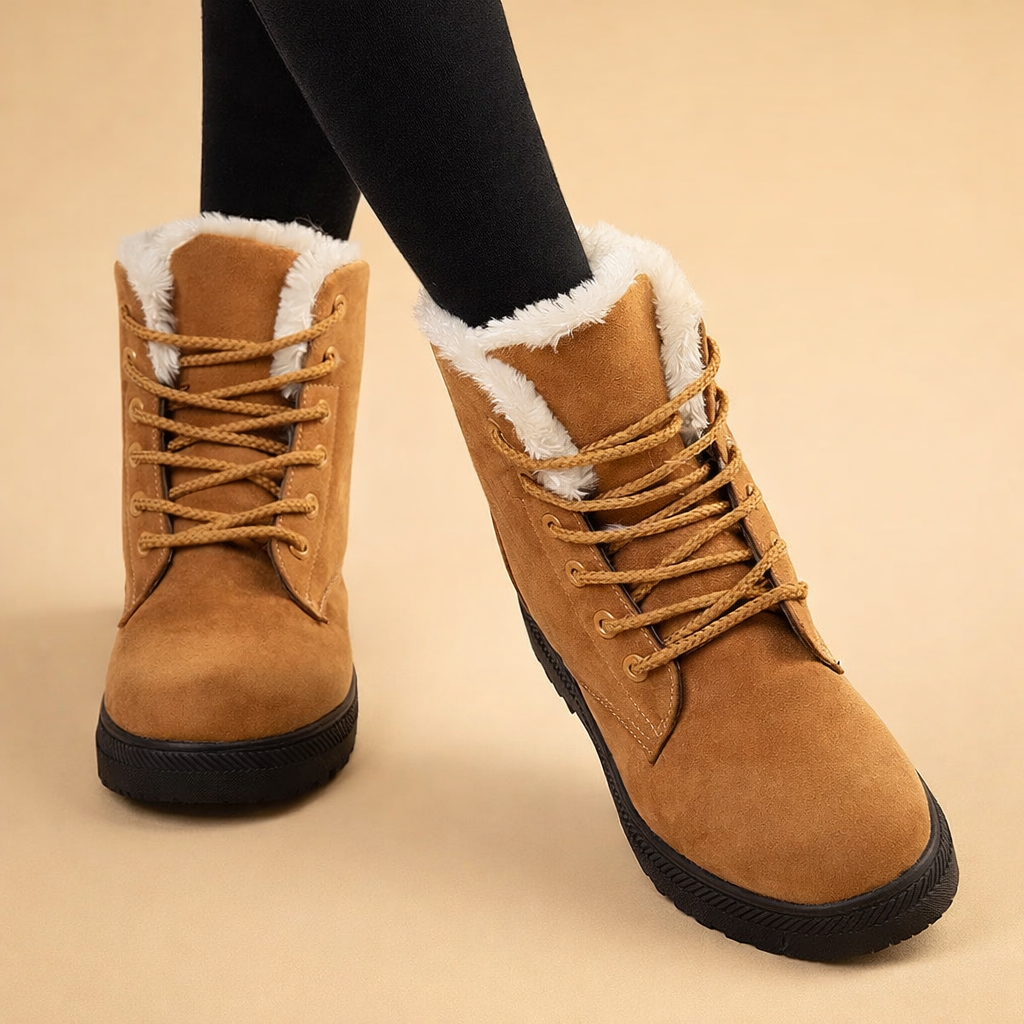 Women's cozy warm winter ankle boots. Stylish lace-up design for cold weather, perfect everyday footwear.