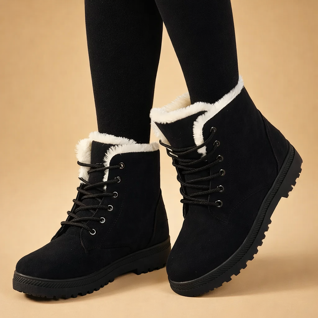 Stylish women's lace-up winter ankle boots. Cozy and warm for cold weather fashion, ideal for everyday wear.