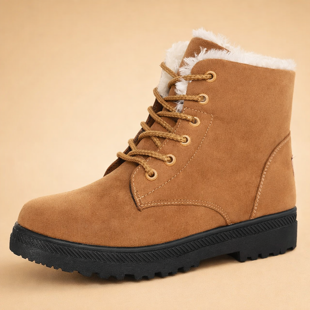 Modern women's warm winter ankle boots. Cozy and stylish lace-up footwear, versatile for cold weather fashion.
