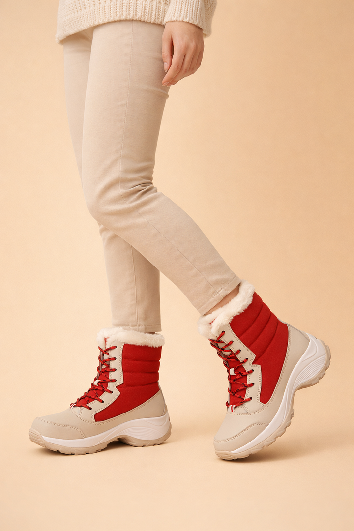 Plush women's cozy platform boots, keeping feet warm & trendy during frosty winter days.