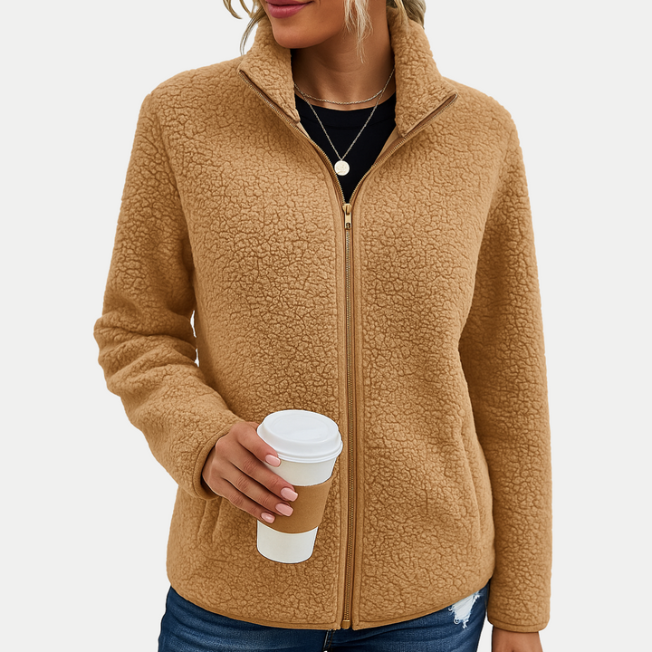 Versatile women's textured zip-up jacket, ideal for layering outerwear during fall & winter.
