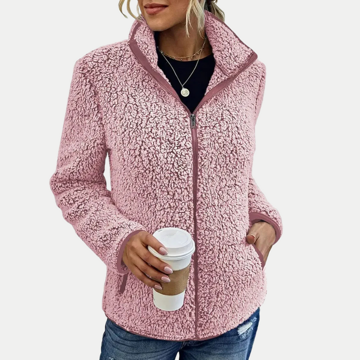 Warm women's textured fleece jacket. A stylish zip-up outerwear choice for fall fashion & winter outfits.