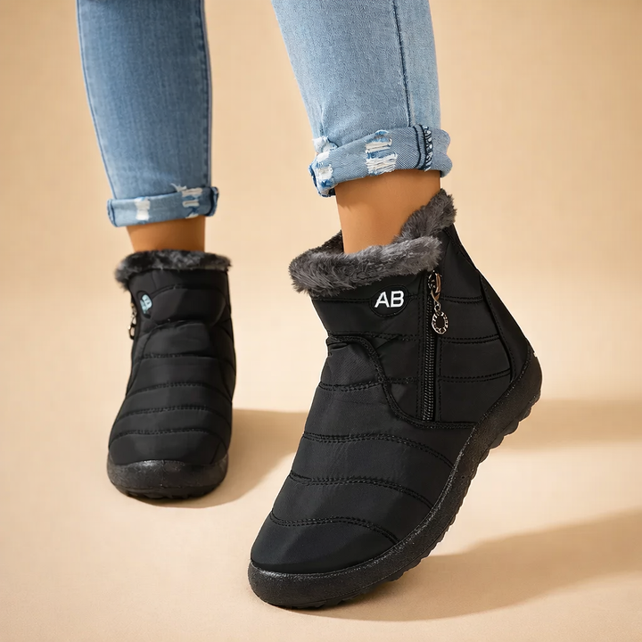 Stylish women's warm winter ankle boots with a sleek zip-up design, perfect for cold weather comfort.
