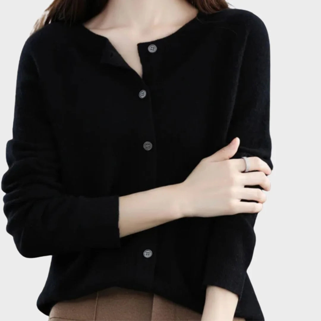 Stylish women's button-up knit cardigan sweater with crew neck, ideal for versatile fall & winter fashion.