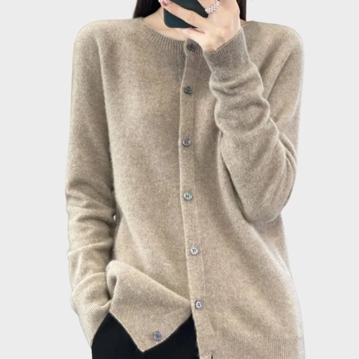Cozy long-sleeve women's knit cardigan sweater, crew neck with button-up front for everyday comfort.