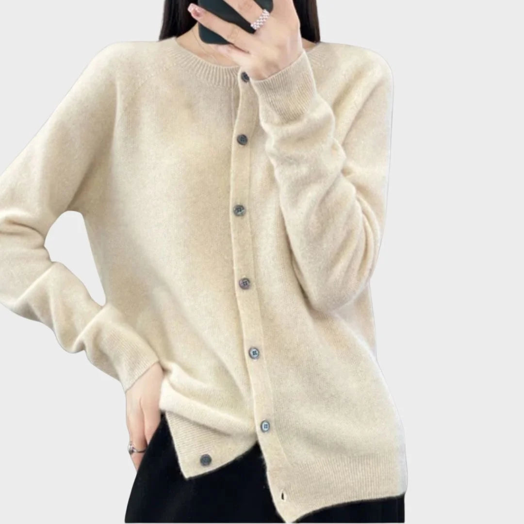 Elegant button-up crew-neck knit cardigan for women, a versatile layering piece for office or casual.