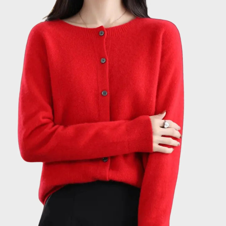 Women's long-sleeve crew-neck button-up knit cardigan, a staple for casual or dressed-up layering.