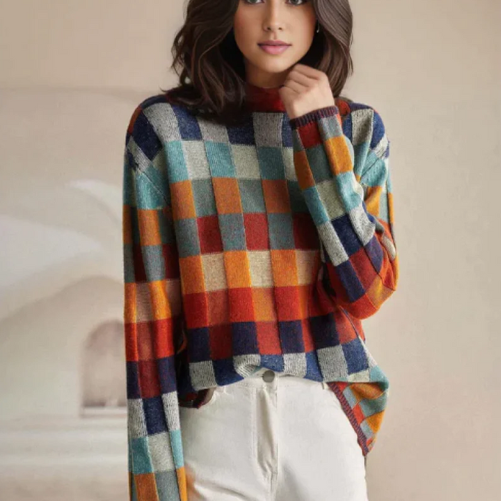 Women's crew neck sweater with classic check pattern knit fabric.