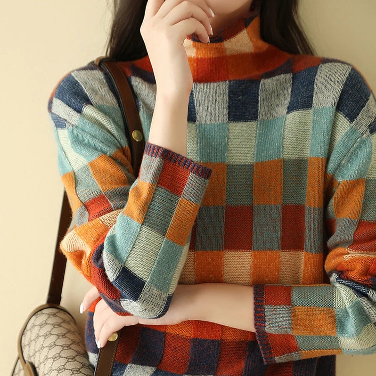 Cozy and comfortable long sleeve knitwear for women, check design.