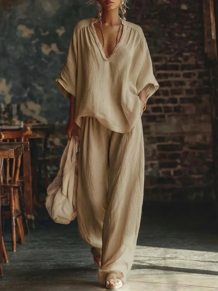 Relaxed fit women's crinkled wide-leg lounge set, ideal for casual wear, travel, or vacation comfort.