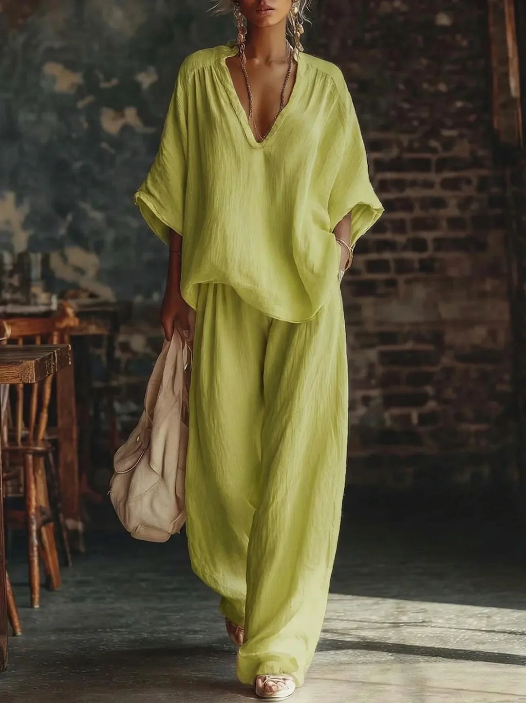 Women's crinkled lounge set: plunging top paired with wide-leg pants. A stylish and comfortable two-piece outfit.