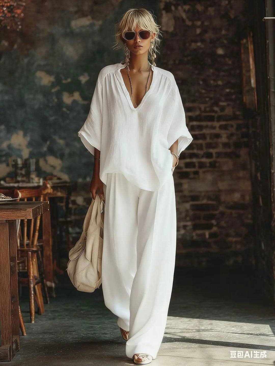Casual women's crinkled plunging wide-leg lounge set. Relaxed fit two-piece for ultimate comfort and style.