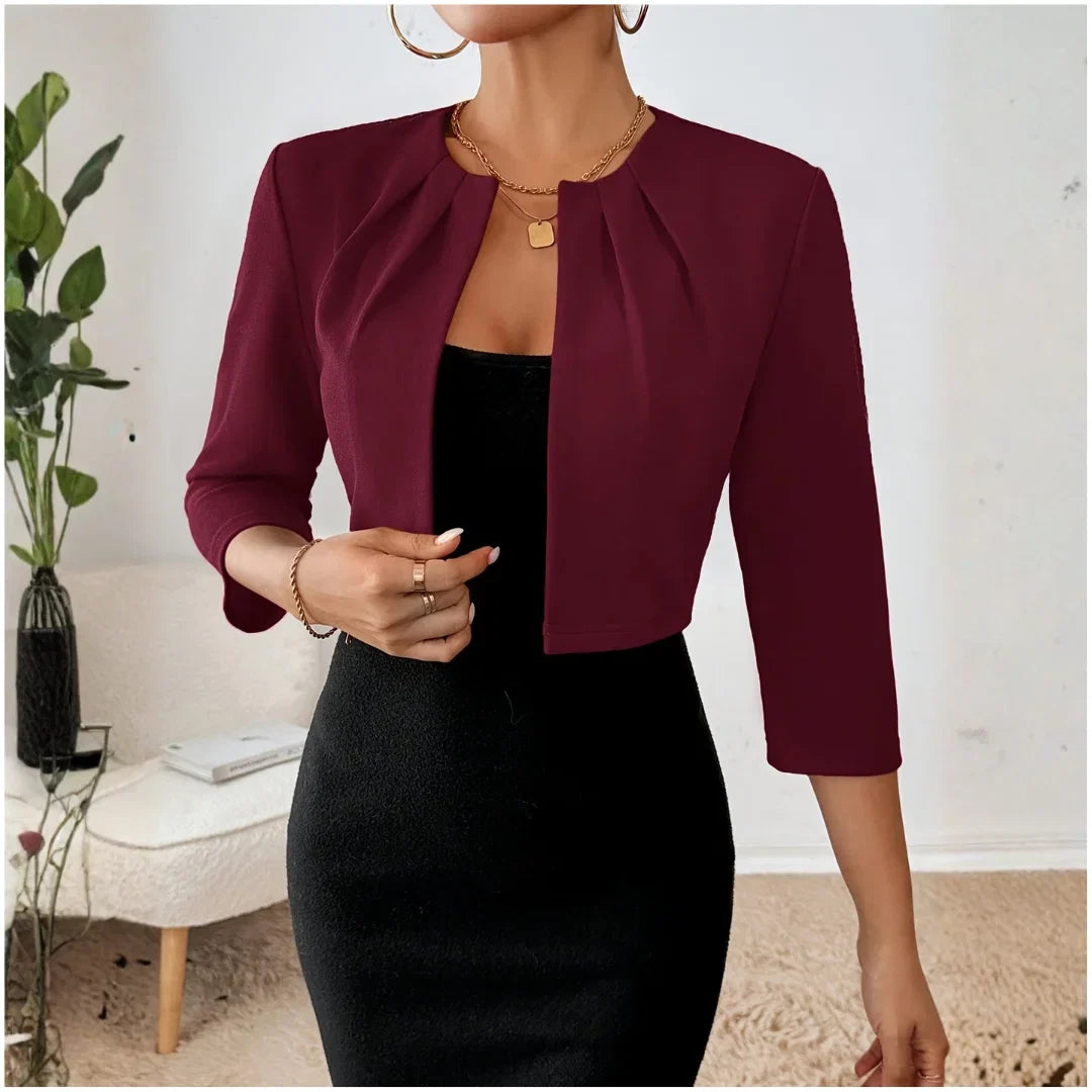 Light & airy women's cropped 3/4 sleeve open front pleated blazer, great for spring/summer fashion.