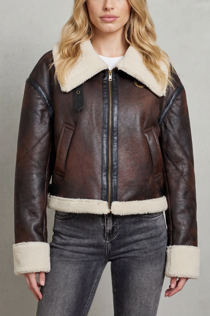 Women's cropped aviator jacket with cozy faux fur trim, perfect for chic fall fashion & winter style.