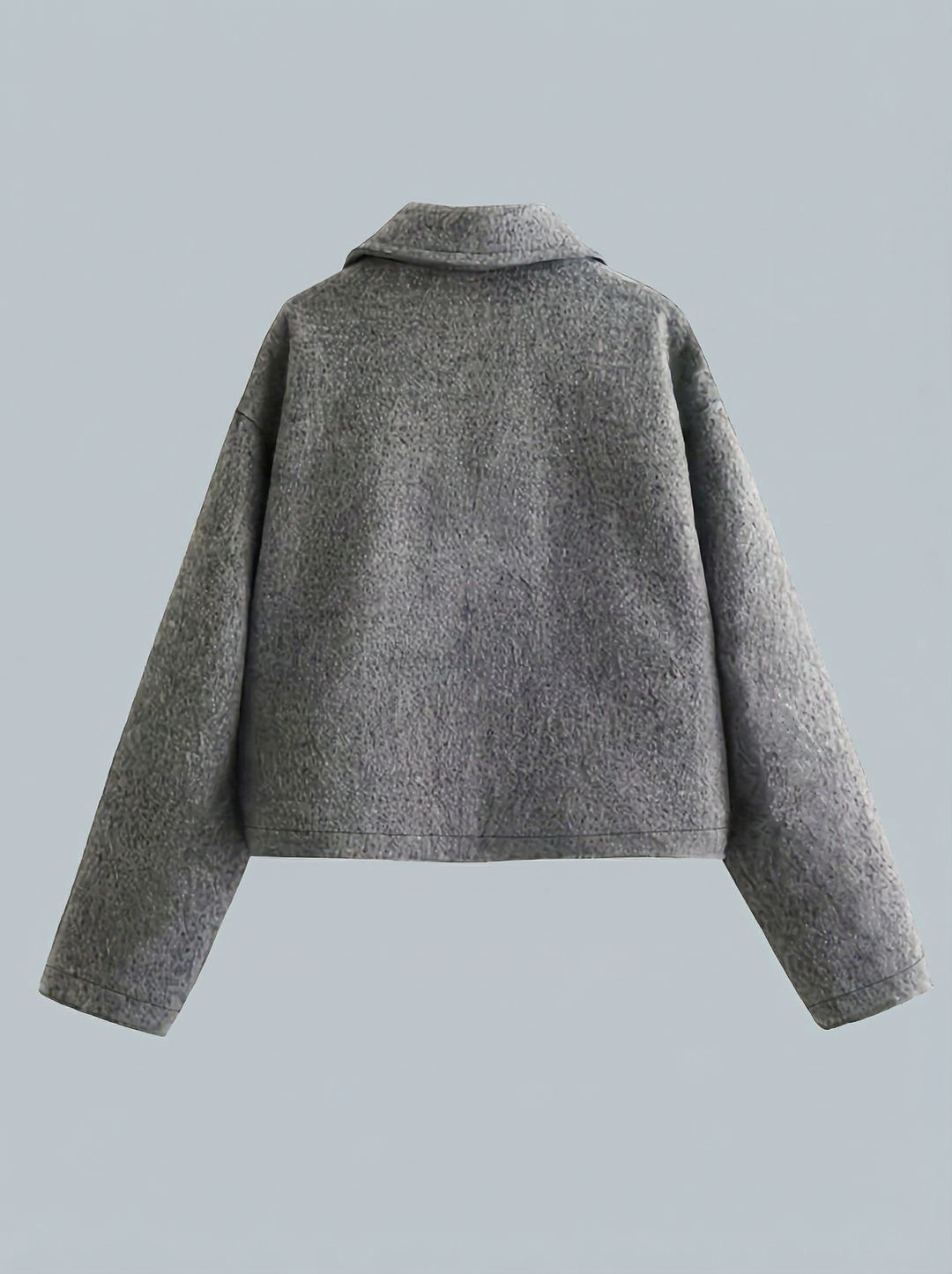 Women's gray cropped zip jacket. Casual chic outerwear with pockets for modern spring & autumn fashion.