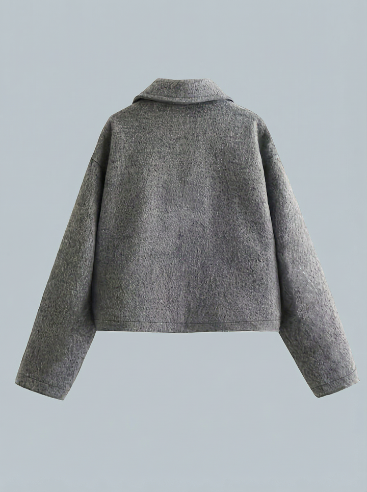 Women's gray cropped zip jacket. Casual chic outerwear with pockets for modern spring & autumn fashion.