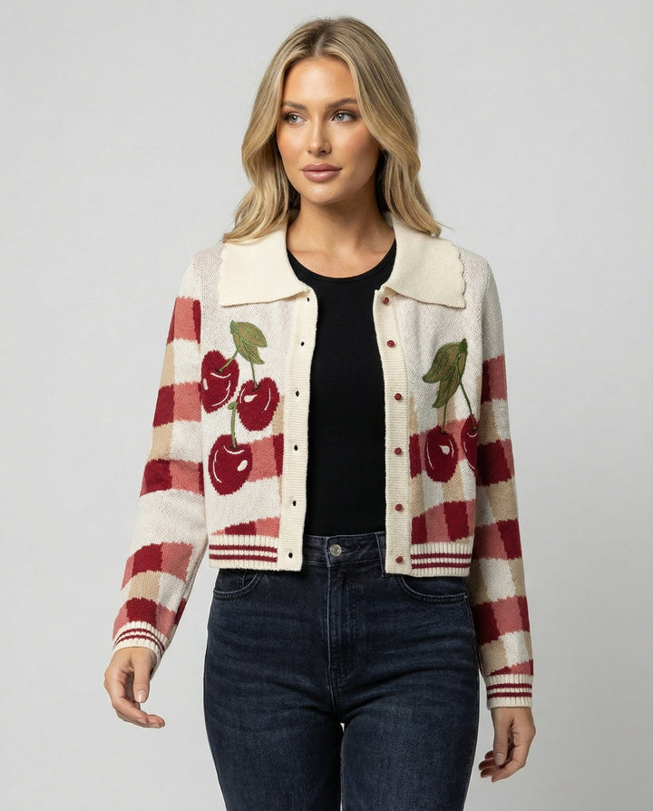 Chic and stylish women's fashion: a short-sleeved cherry blossom floral knit cardigan.