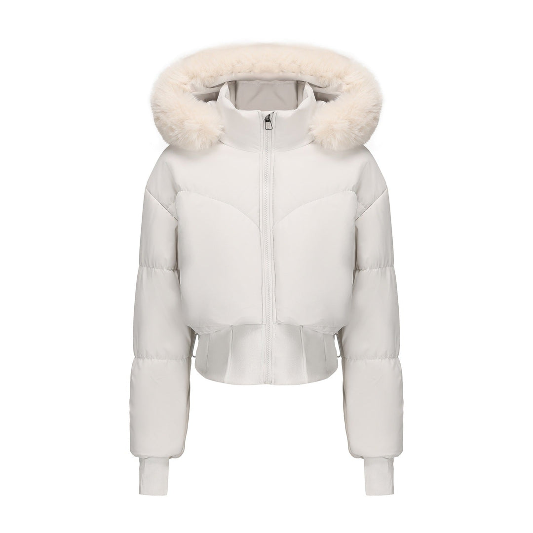 Fashionable women's cropped puffer jacket. Hooded winter coat with soft faux fur for warmth & style.