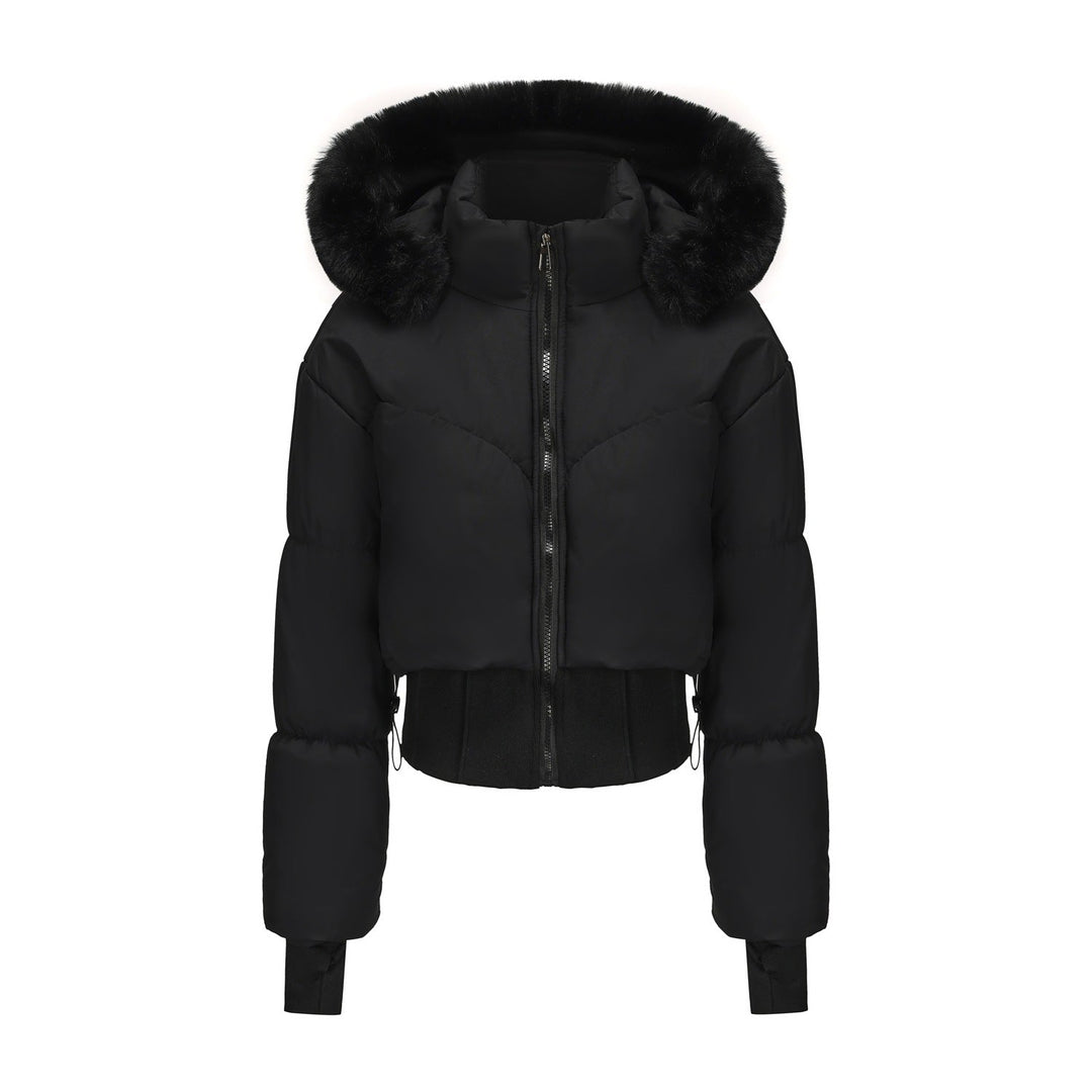 Black women's cropped puffer jacket, stylish & warm with a luxurious faux fur hood. Perfect winter fashion.