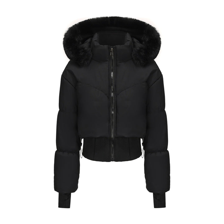 Black women's cropped puffer jacket, stylish & warm with a luxurious faux fur hood. Perfect winter fashion.