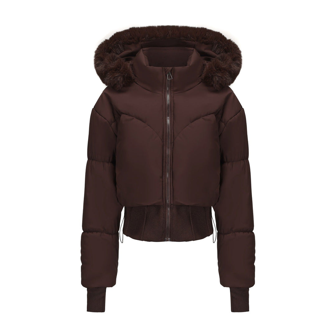 Cozy women's cropped puffer jacket, ideal casual winter outerwear with a chic faux fur hood. Stay warm.