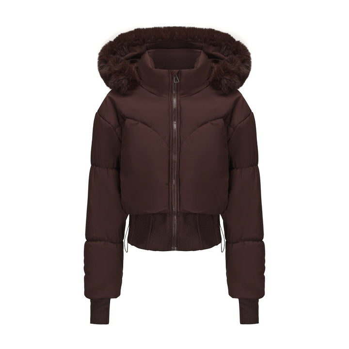 Cozy women's cropped puffer jacket, ideal casual winter outerwear with a chic faux fur hood. Stay warm.