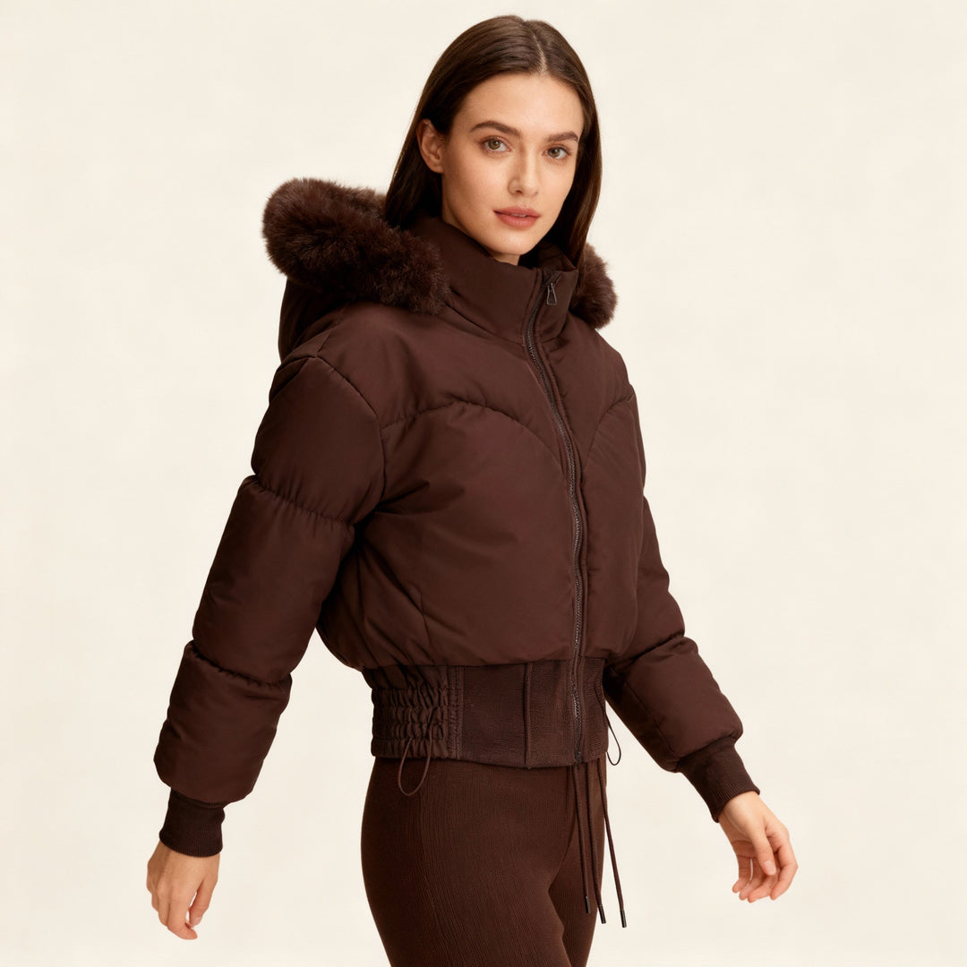 Versatile women's cropped puffer jacket with a stylish faux fur hood. A warm & trendy winter coat.