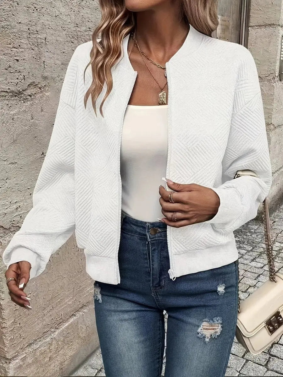 Ladies' modern cropped quilted bomber jacket, a chic zip-up option for daily outfits & casual wear.
