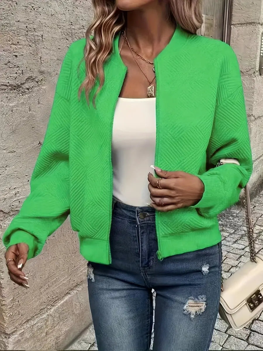 Textured cropped quilted bomber jacket for women, a comfortable and fashionable everyday zip-up style.