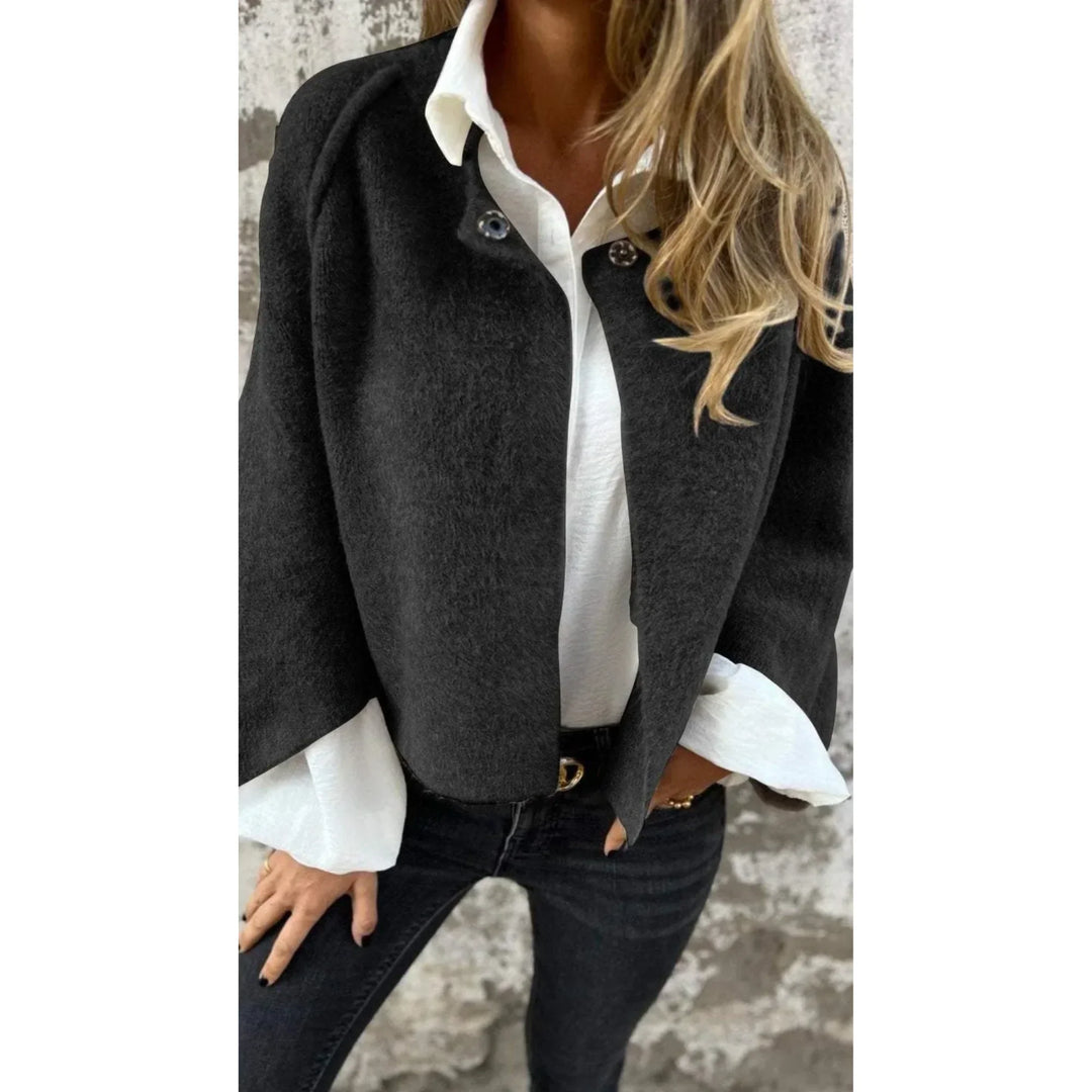 Soft knit cropped cardigan for women, stand collar. Versatile, cozy, casual chic layering.