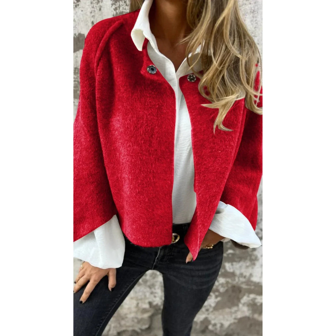 Plus size women's cropped knit cardigan, stand collar. Soft, elegant for layering & casual chic.