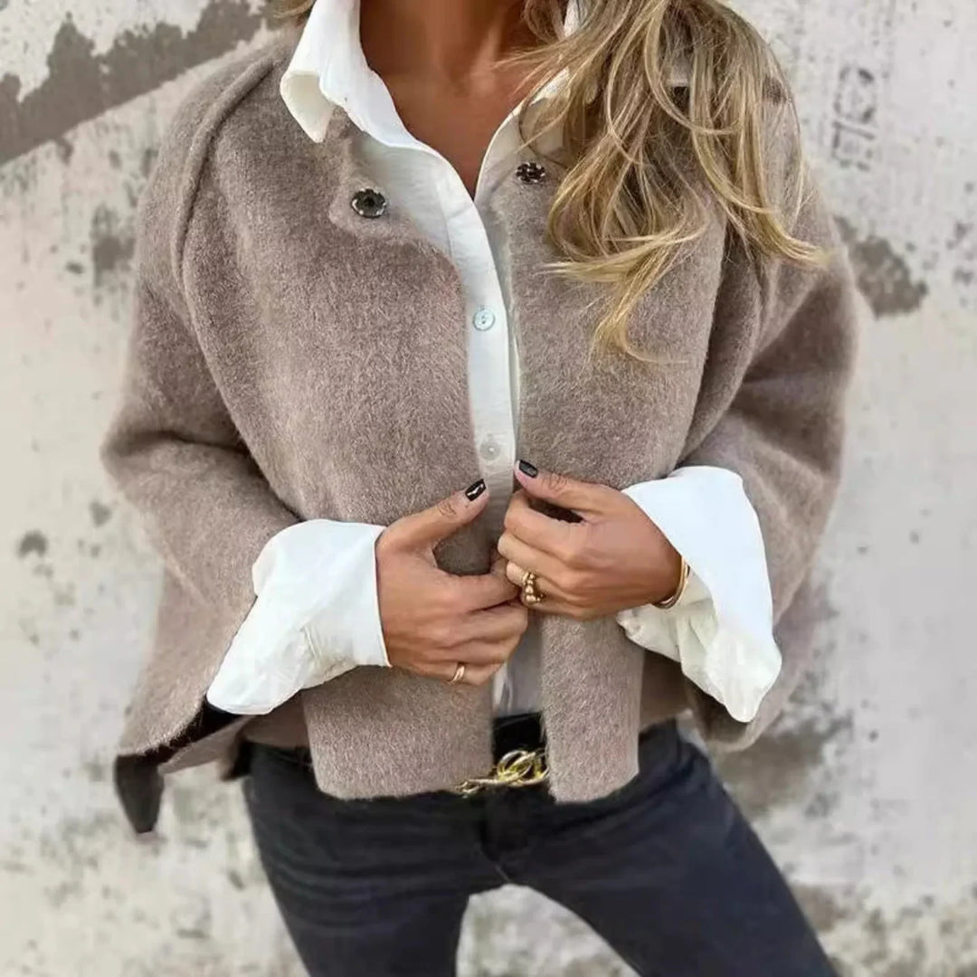 Women's soft knit cropped cardigan, stand collar. Cozy, versatile knitwear, perfect for layering.