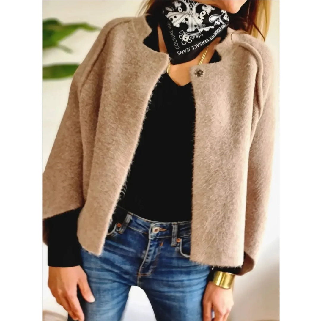 Elegant women's soft knit cropped cardigan, stand collar. Cozy & casual chic for everyday style.