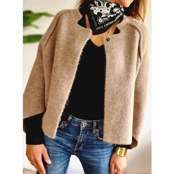 Elegant women's soft knit cropped cardigan, stand collar. Cozy & casual chic for everyday style.
