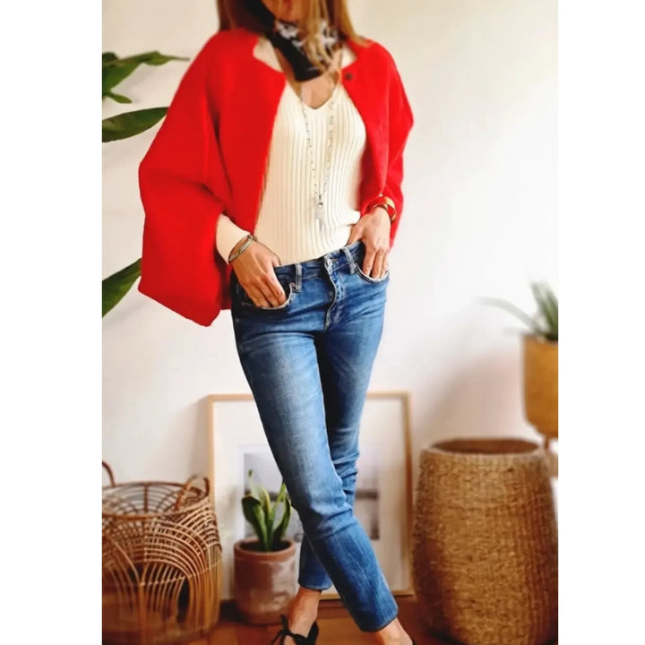 Women's soft knit cropped cardigan, stand collar. Elegant, cozy, plus size, versatile fashion.