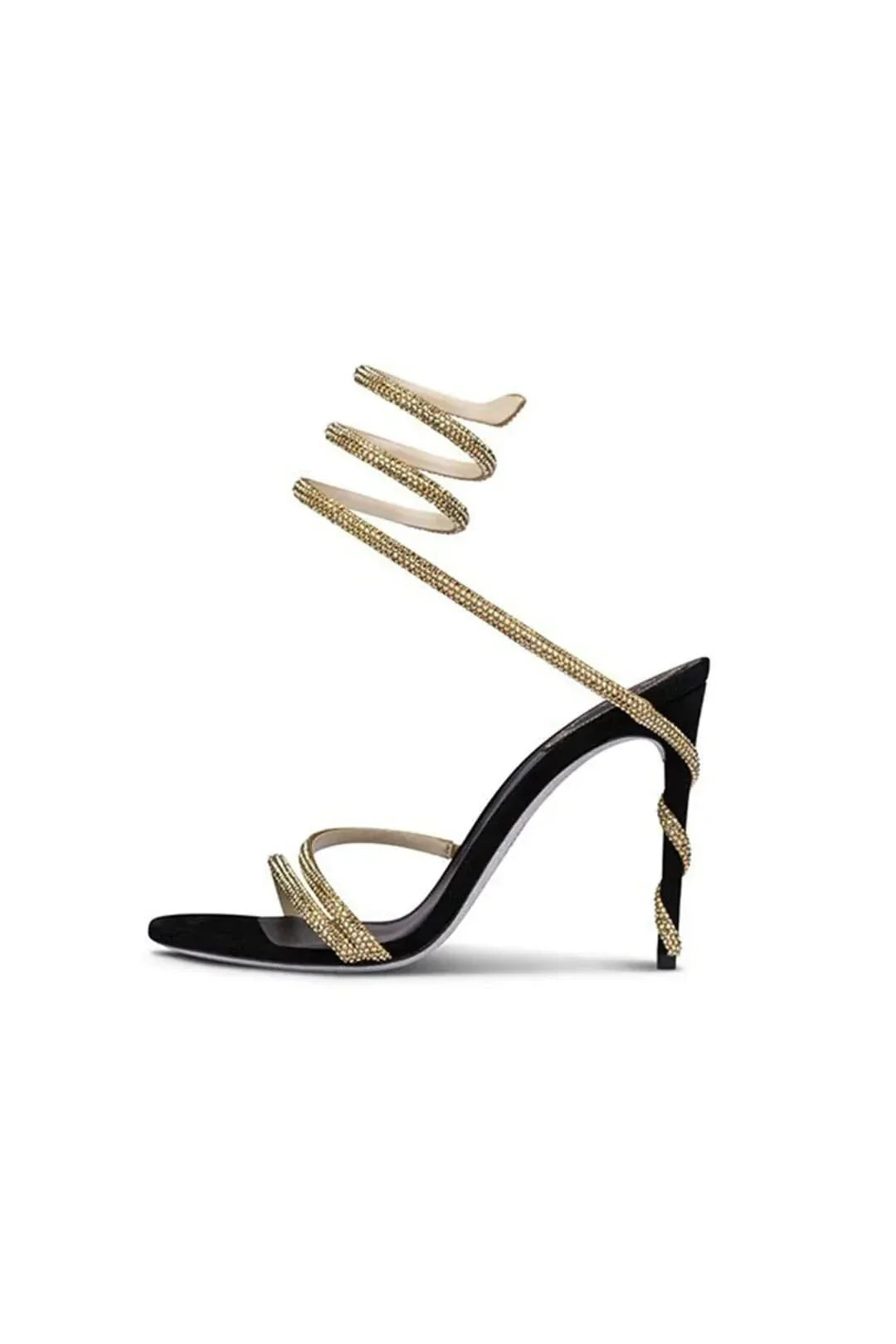 Close-up of sparkling women's crystal embellished spiral ankle wrap stiletto high heels, ideal party and formal footwear.