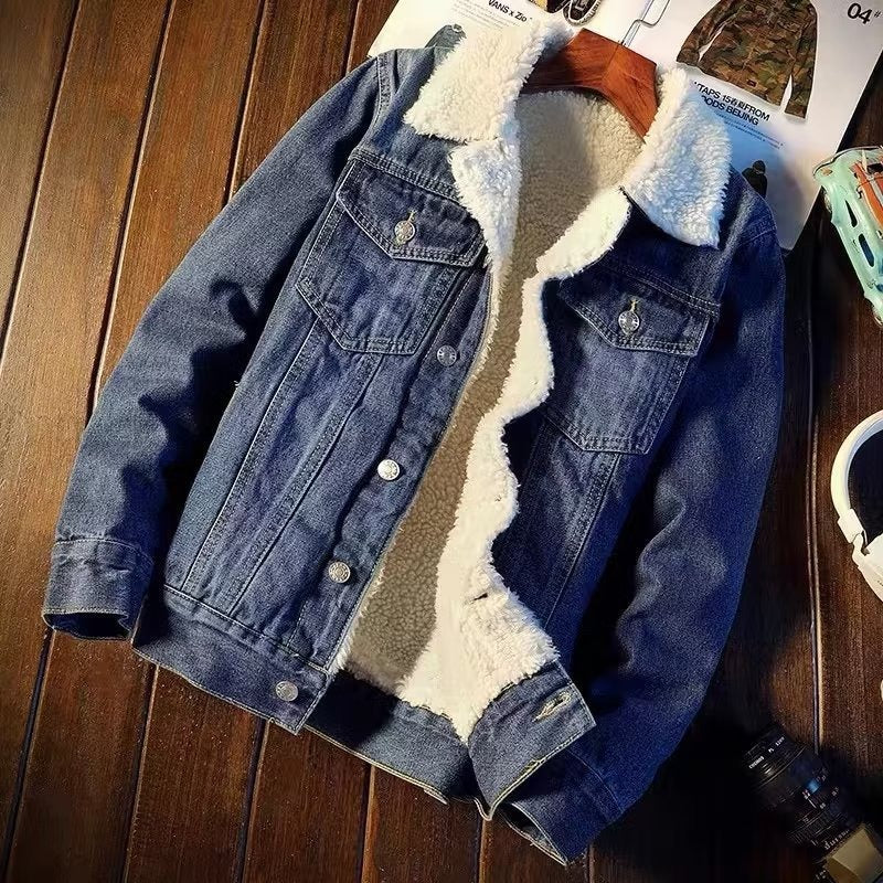 Women's dark blue fleece lined denim jacket, cozy and stylish winter fashion.