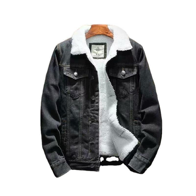 Cozy outerwear: chic women's dark blue denim jacket with warm fleece interior.