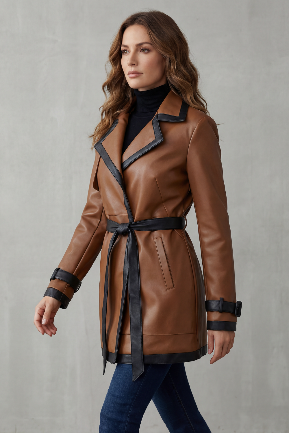 Versatile women's dark brown trench coat, perfect outerwear with a belted fit for elegant autumn style.