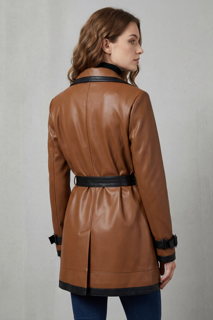 Stylish women's belted trench coat in dark brown, featuring contrast trim, ideal for elegant fall outerwear.