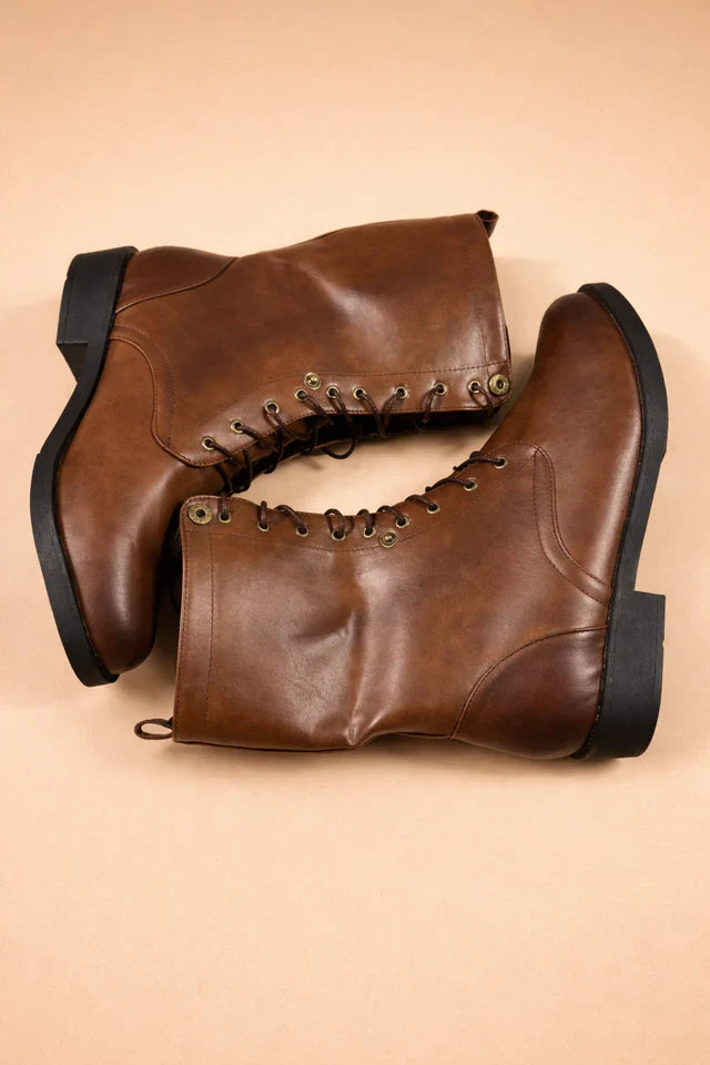 Fashionable women's casual ankle boots in dark brown, featuring a retro lace-up design and adjustable fit.