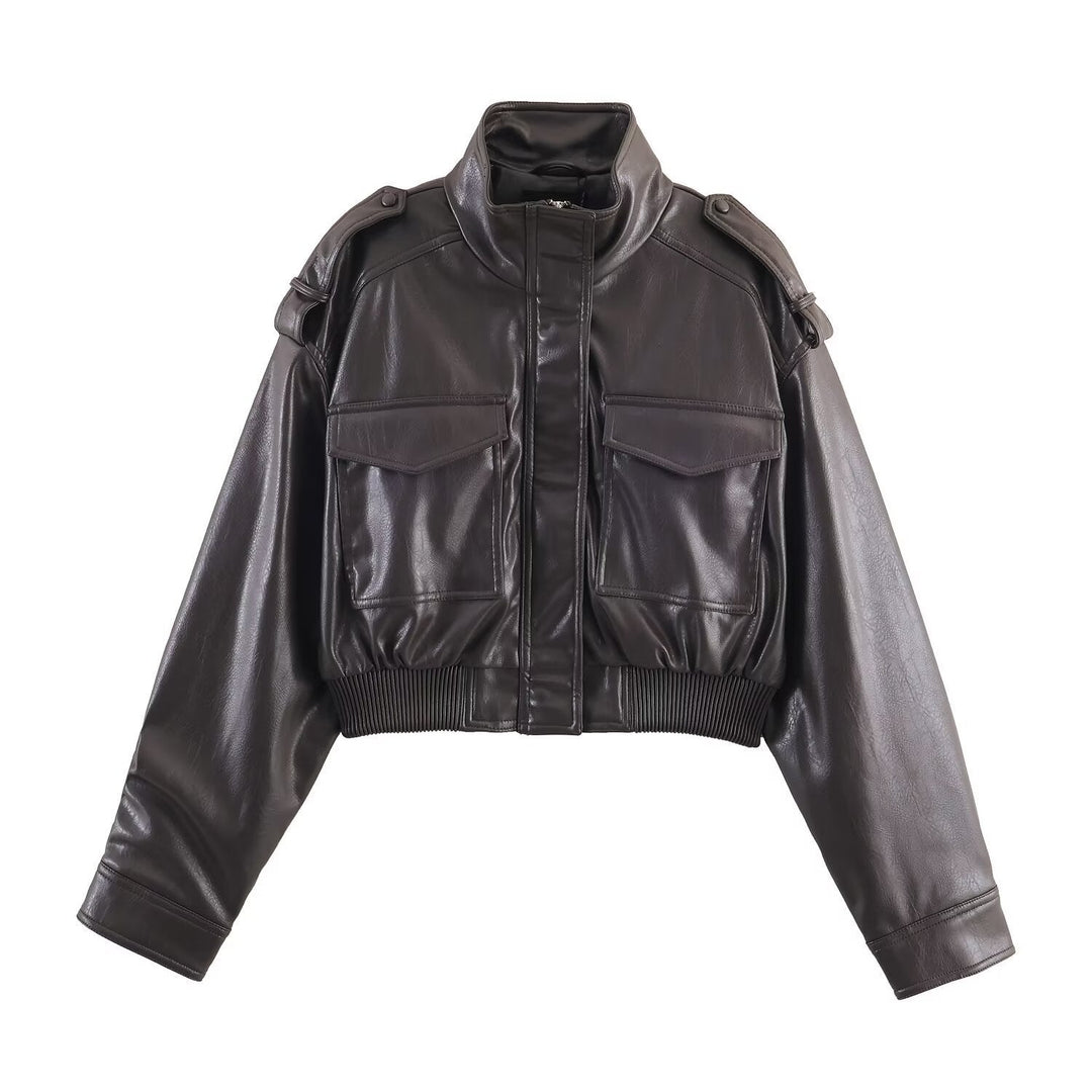 Women's dark green cropped leather bomber jacket, stylish and modern everyday outerwear for an edgy look.