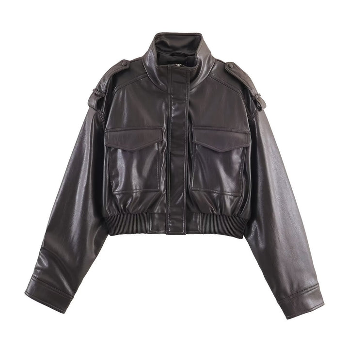 Women's dark green cropped leather bomber jacket, stylish and modern everyday outerwear for an edgy look.