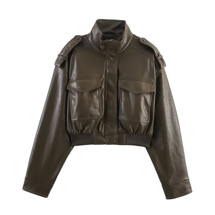 Chic dark brown women's cropped leather bomber jacket, structured fashion outerwear for stylish layering.
