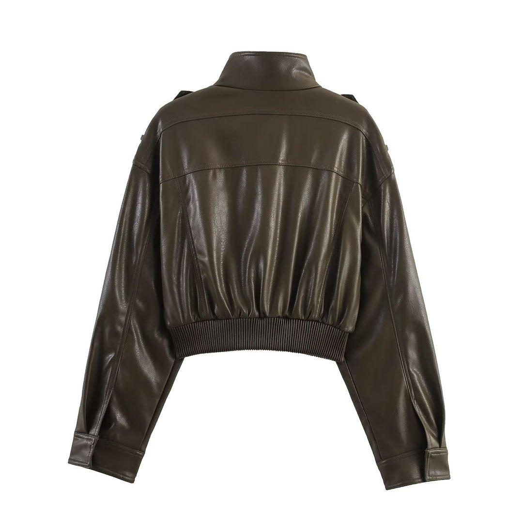 Effortless women's cropped leather bomber jacket, a modern fashion statement for everyday stylish outerwear.
