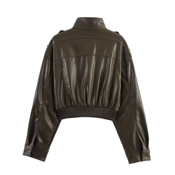Effortless women's cropped leather bomber jacket, a modern fashion statement for everyday stylish outerwear.