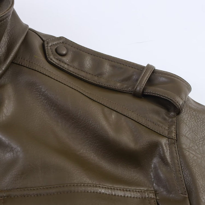Dark green or dark brown women's cropped leather bomber jacket, versatile and edgy structured outerwear.