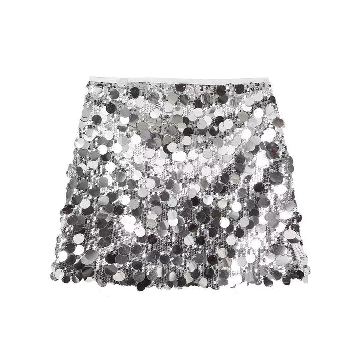 Dazzling shiny sequin mini skirt for women, ideal for party fashion and glamorous evening wear.